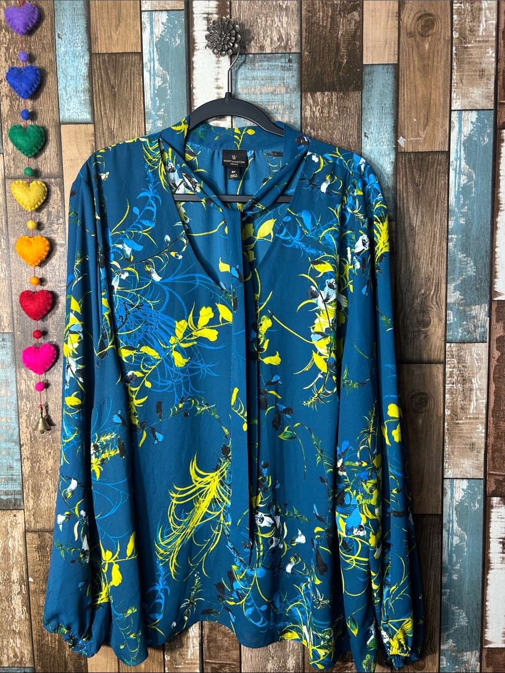 Worthington Teal Floral Tie-Neck Blouse with Yellow Accents